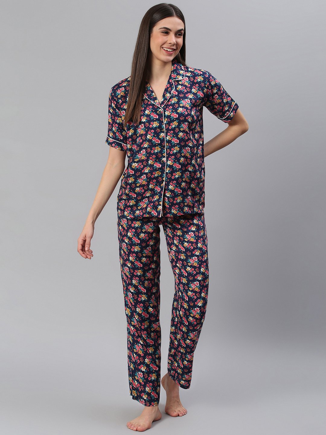 Cation Navy Floral Print Night Suit Cation Clothing