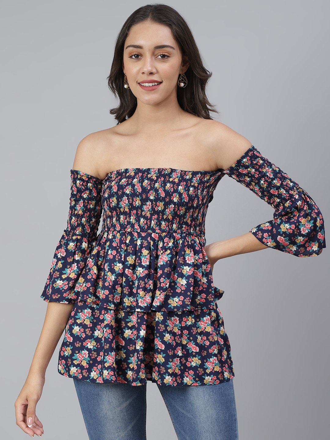 SCORPIUS Purple Printed Smocked Offshoulder Top