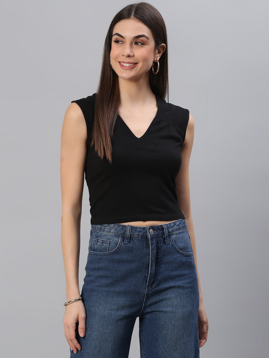 V-Neck Solid Black Top