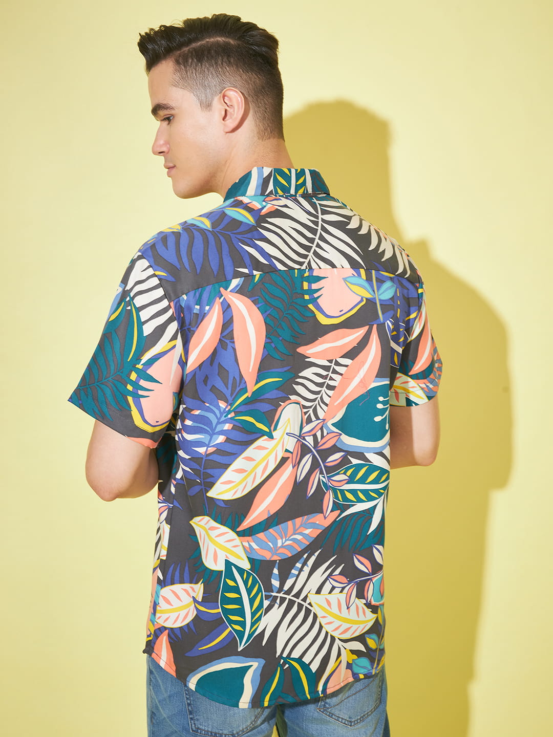 Azure Paradise: Dark Blue Tropical Print Shirt