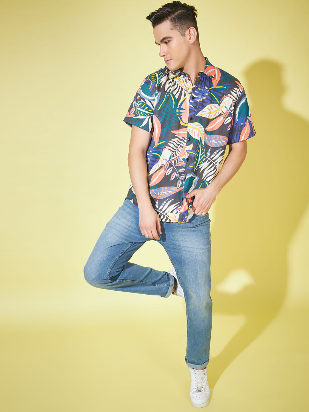 Azure Paradise: Dark Blue Tropical Print Shirt