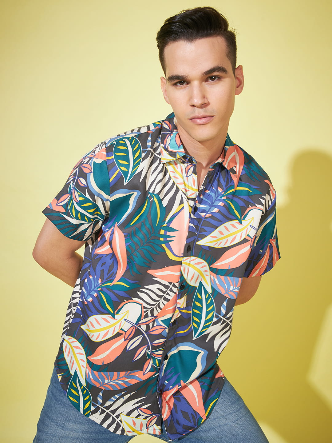 Azure Paradise: Dark Blue Tropical Print Shirt