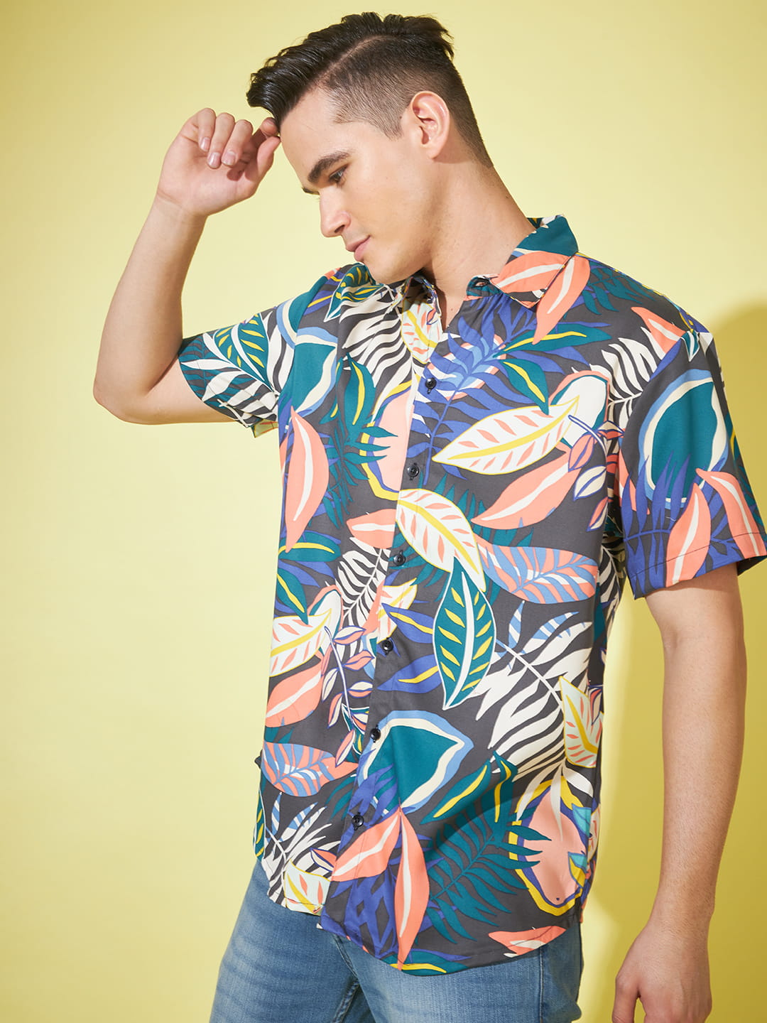 Azure Paradise: Dark Blue Tropical Print Shirt