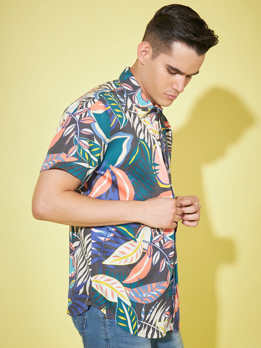 Azure Paradise: Dark Blue Tropical Print Shirt