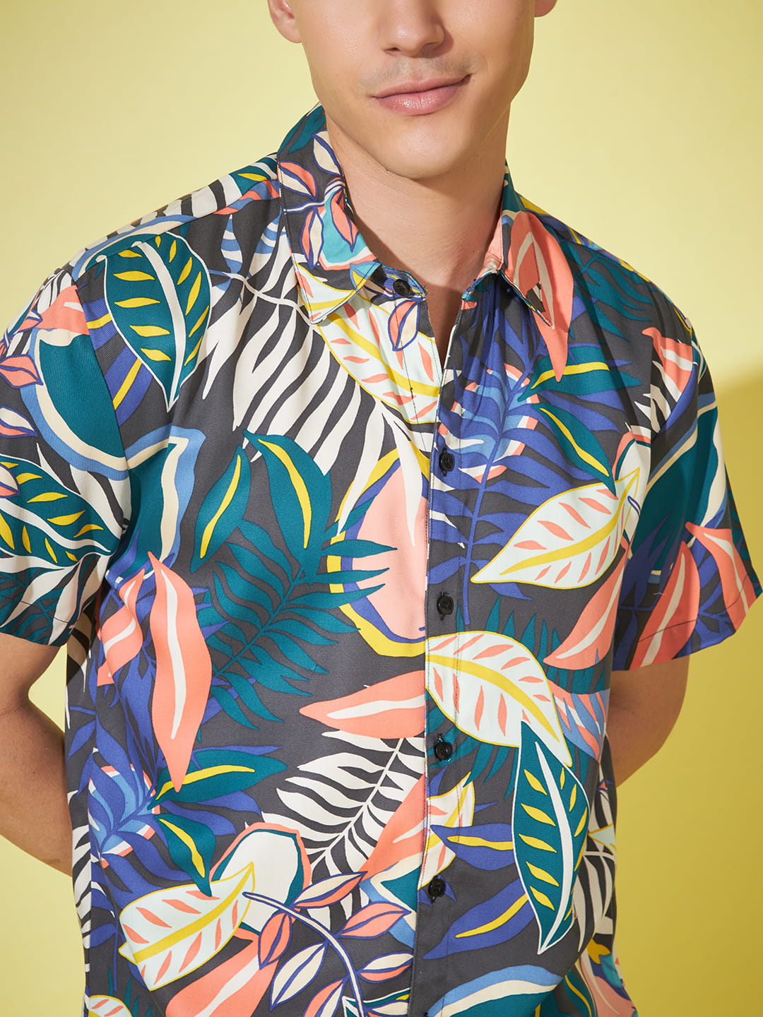 Azure Paradise: Dark Blue Tropical Print Shirt