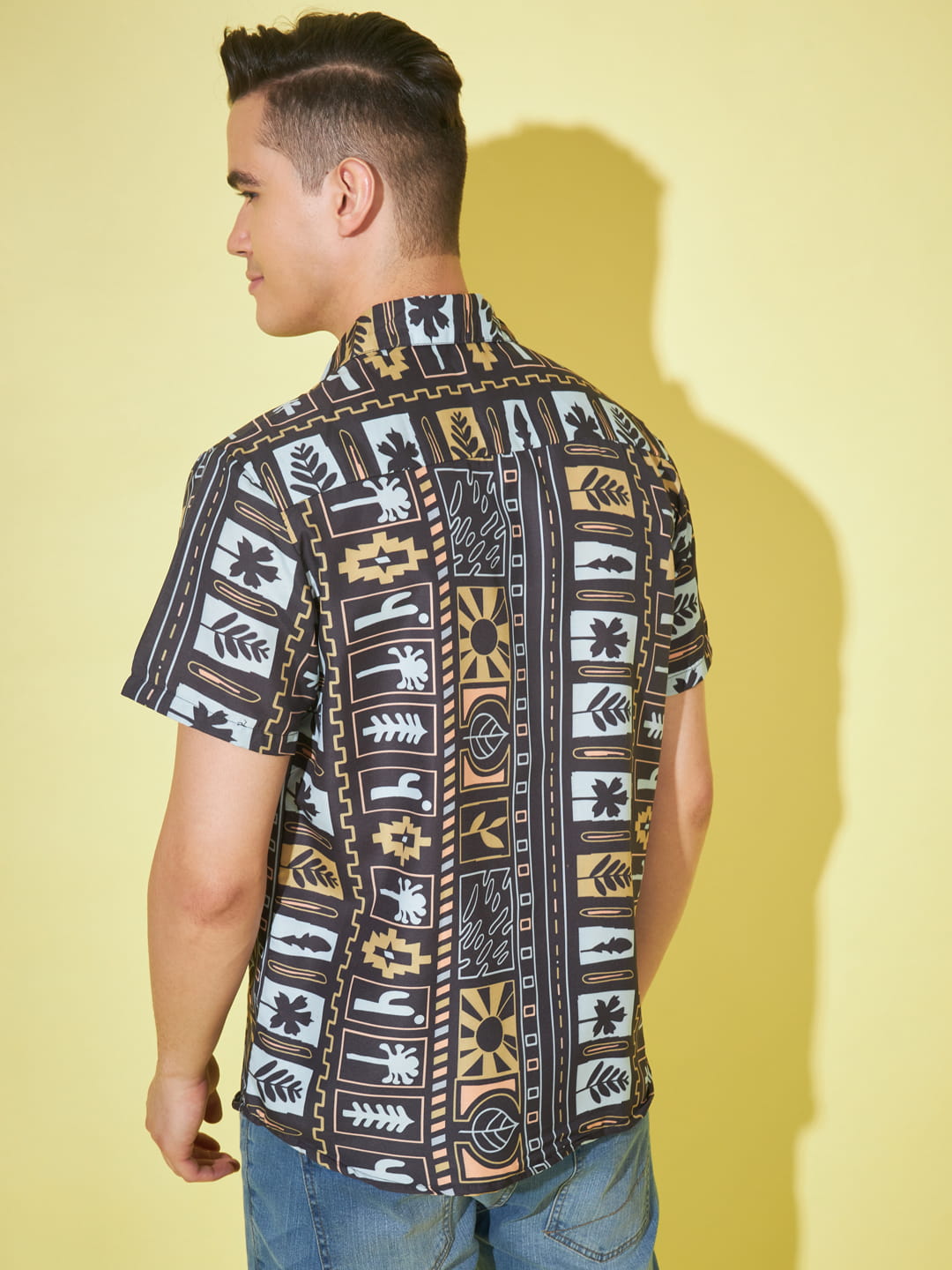 Obsidian Charisma: Super Dark Grey Printed Shirt