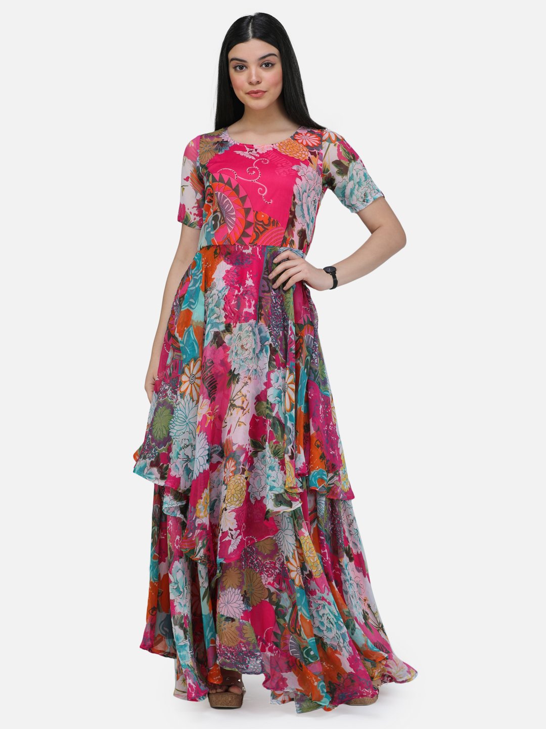 SCORPIUS Pink Printed Half sleeve Layered dress