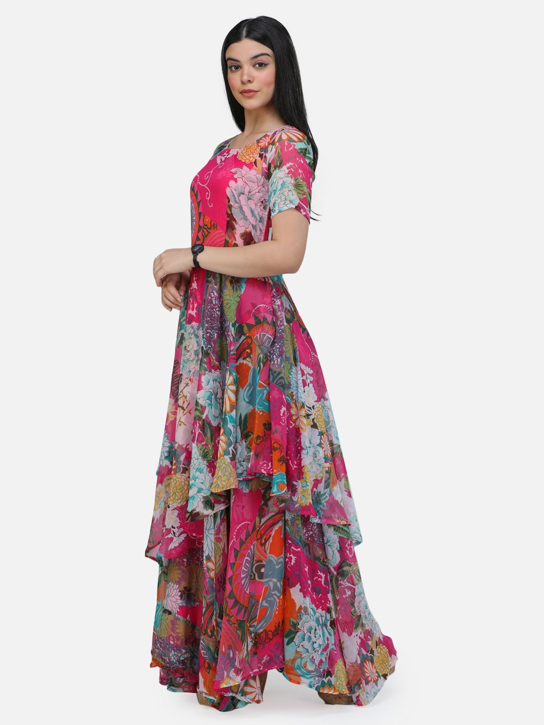 SCORPIUS Pink Printed Half sleeve Layered dress