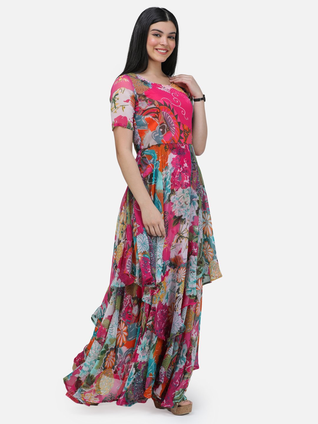 SCORPIUS Pink Printed Half sleeve Layered dress