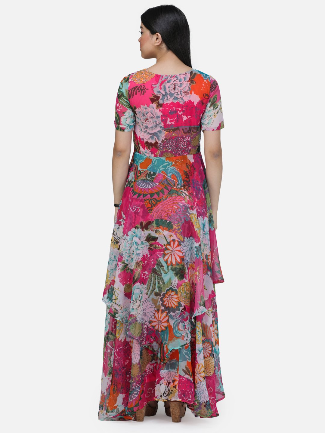 SCORPIUS Pink Printed Half sleeve Layered dress