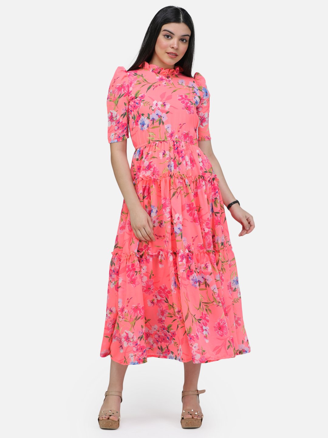 SCORPIUS fluorescent Printed puff sleeved dress