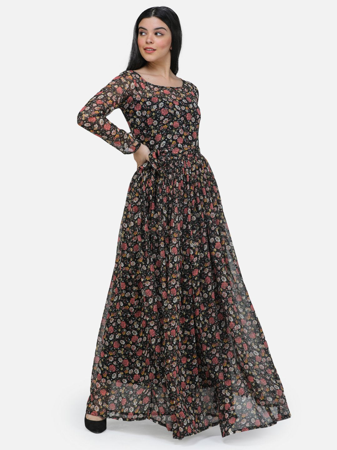 SCORPIUS Black chiffon printed fullsleeve