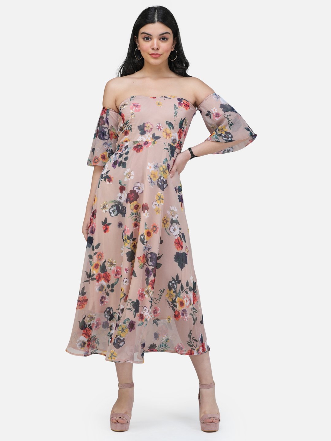 SCORPIUS Offshoulder Beige printed long dress