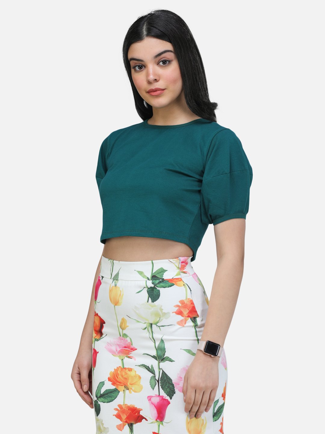 SCORPIUS TEAL PUFFED SLEEVE CROP TOP