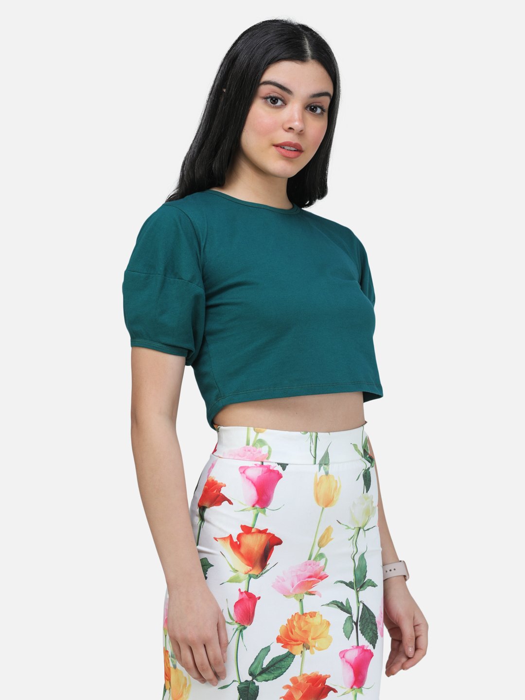 SCORPIUS TEAL PUFFED SLEEVE CROP TOP