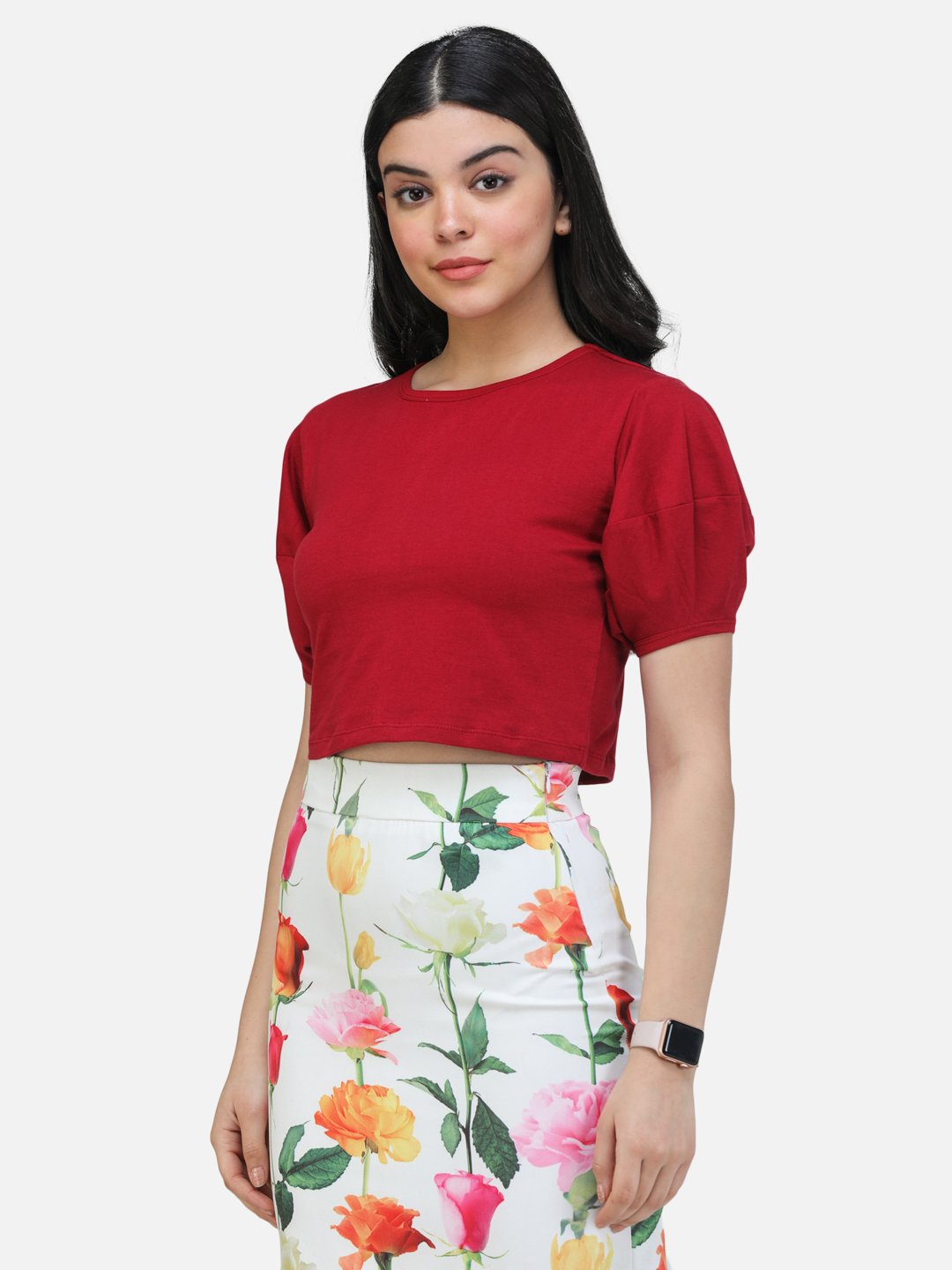 SCORPIUS MAROON PUFFED SLEEVE CROP TOP