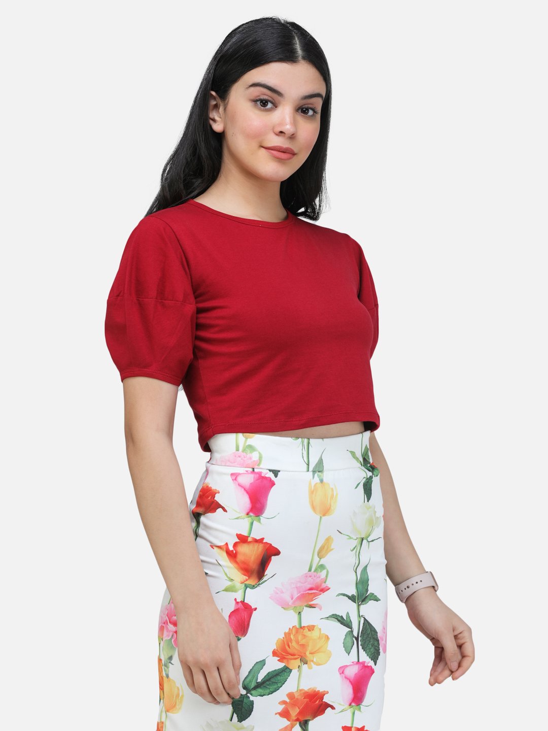 SCORPIUS MAROON PUFFED SLEEVE CROP TOP