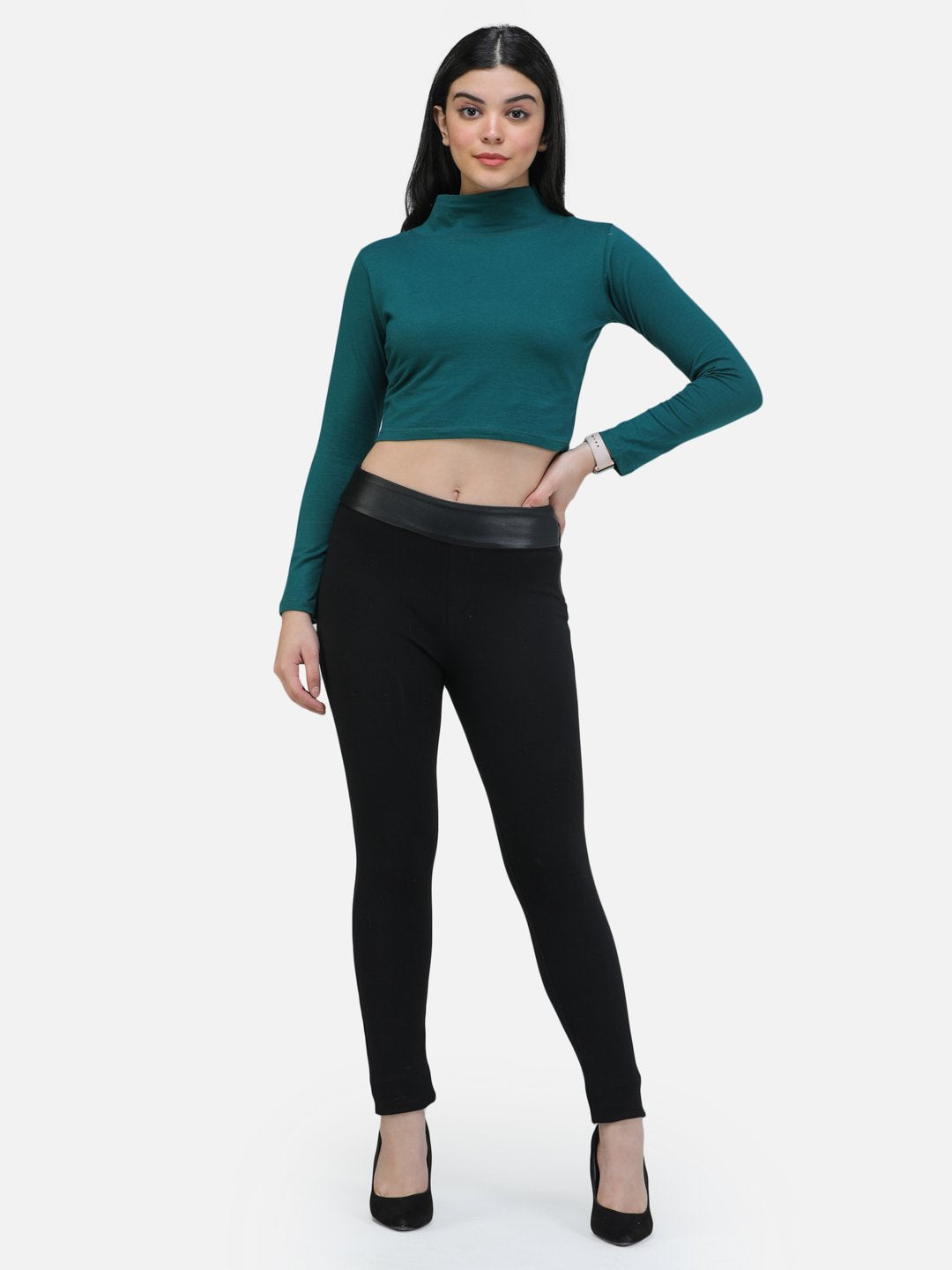 SCORPIUS TEAL FULL SLEEVE HIGH NECK CROP TOP