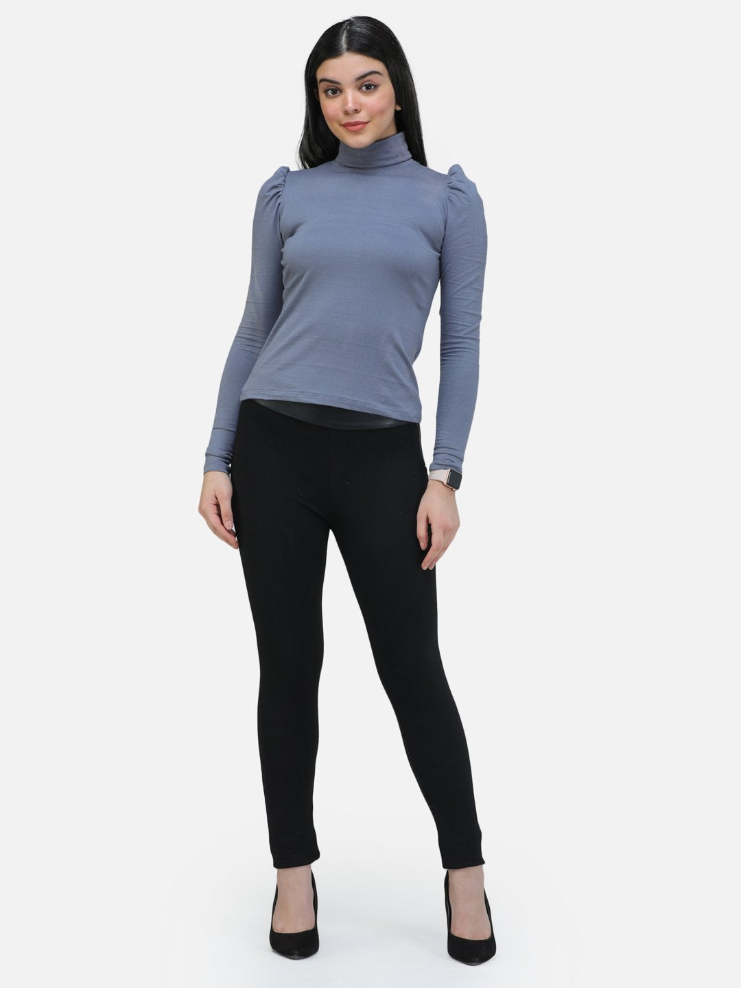 SCORPIUS GREY PUFF SLEEVE HIGH NECK TOP