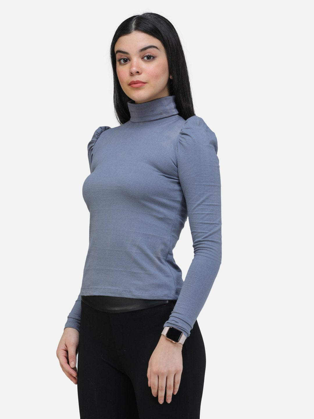 SCORPIUS GREY PUFF SLEEVE HIGH NECK TOP