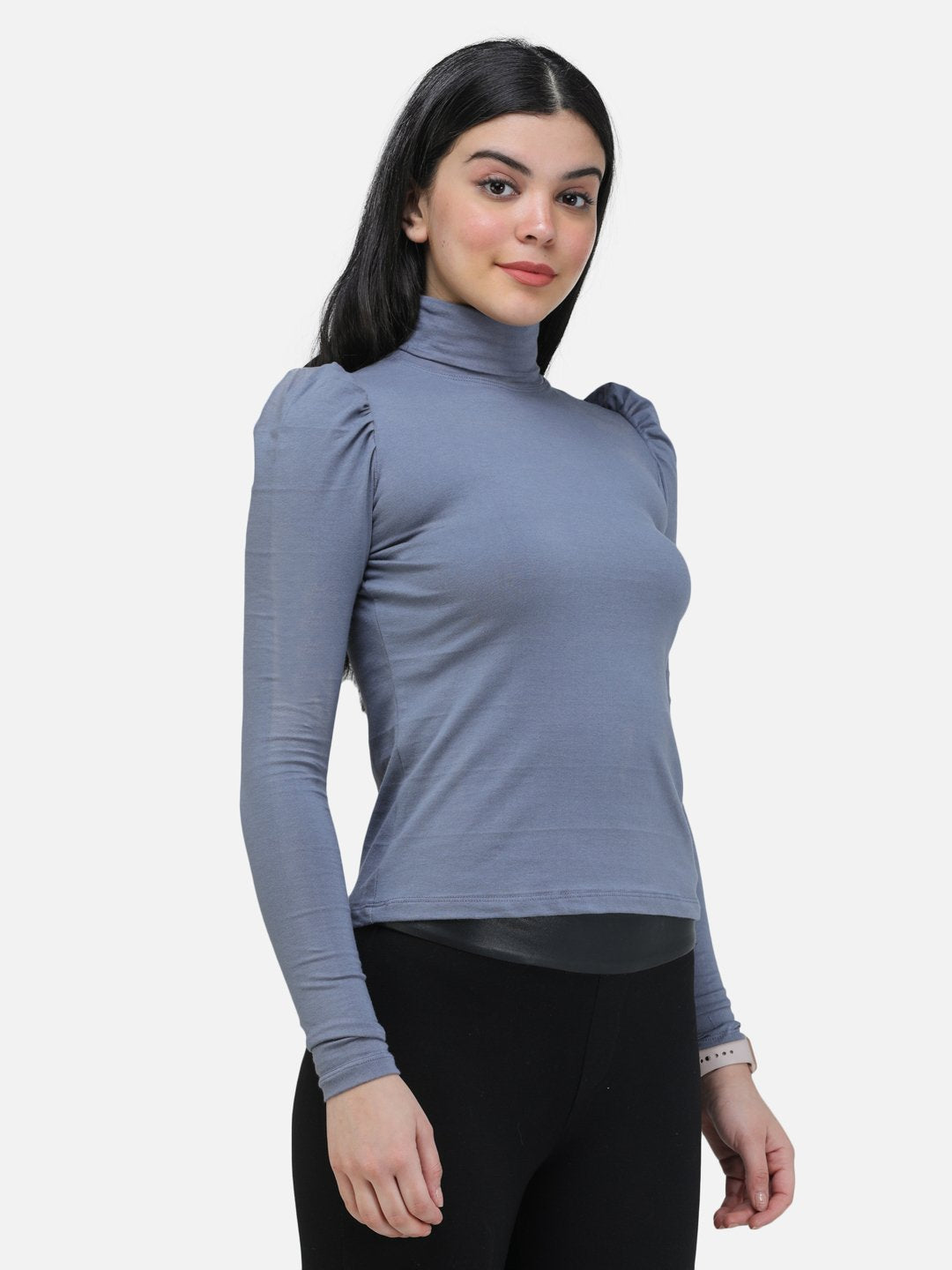 SCORPIUS GREY PUFF SLEEVE HIGH NECK TOP
