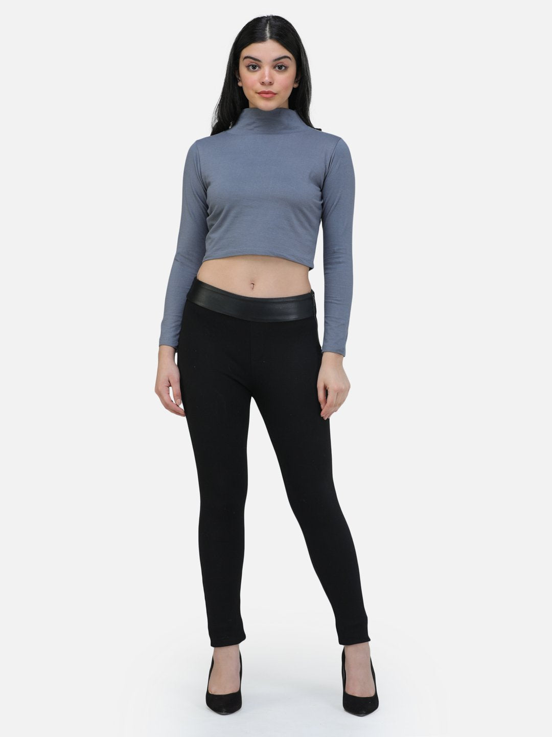SCORPIUS GREY FULL SLEEVE HIGH NECK CROP TOP