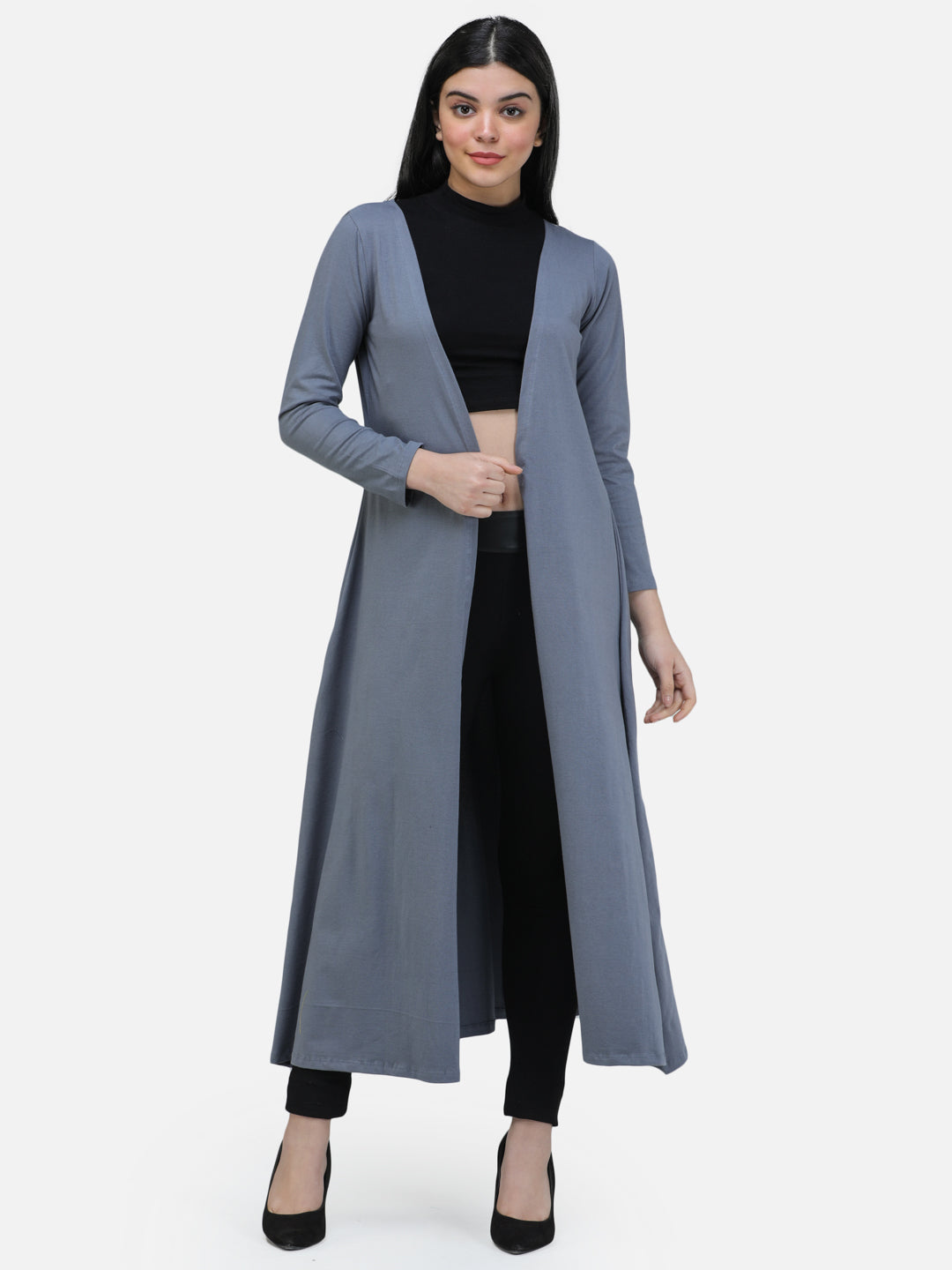 SCORPIUS Women Grey Solid Open-Front Longline Shrug