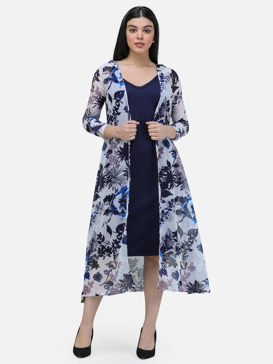 Scorpius Women White & Blue Floral Printed Open-Front Longline Shrug