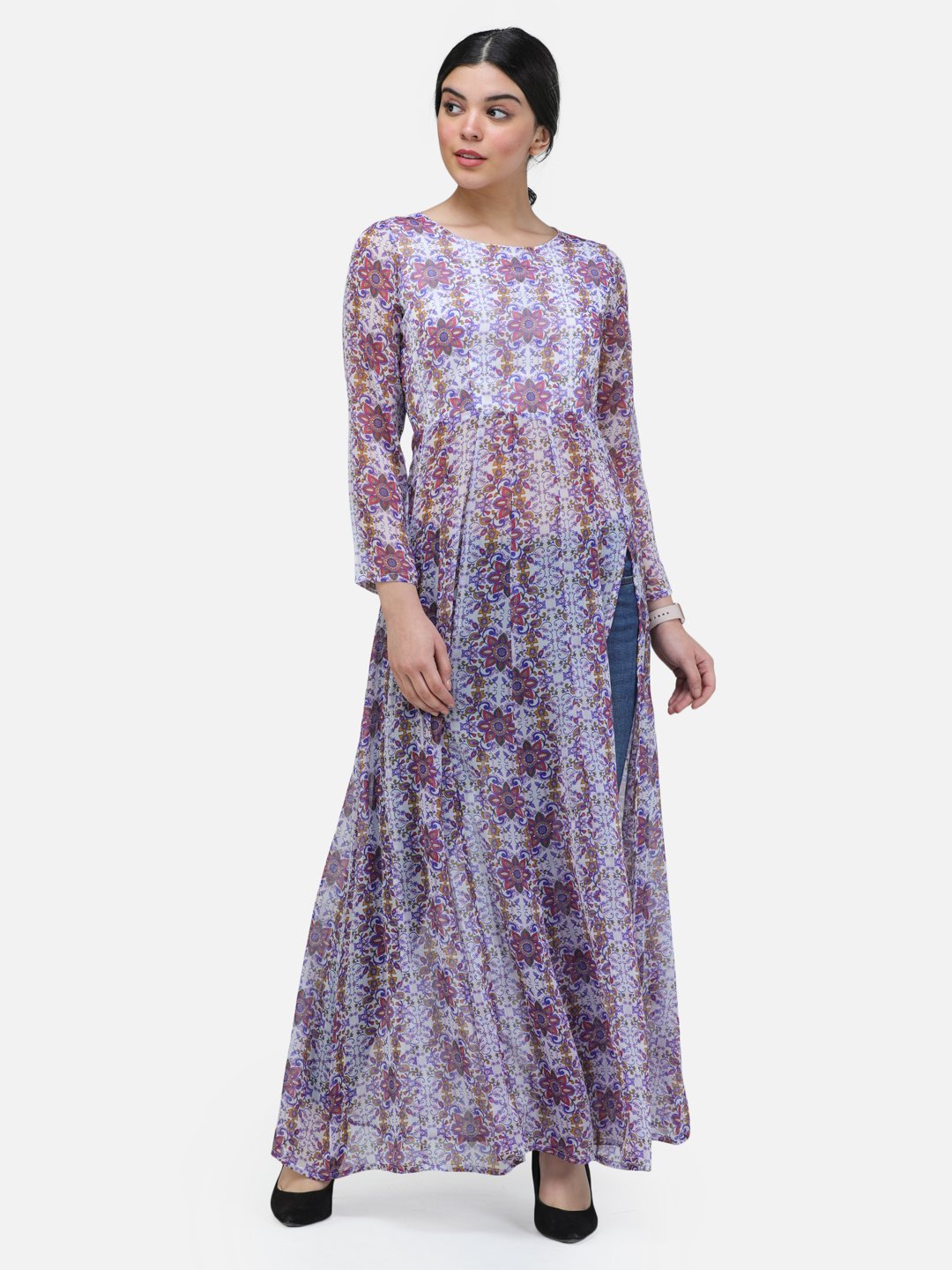 SCORPIUS PRINTED MULTICOLOR SIDE SLIT LONG TOP