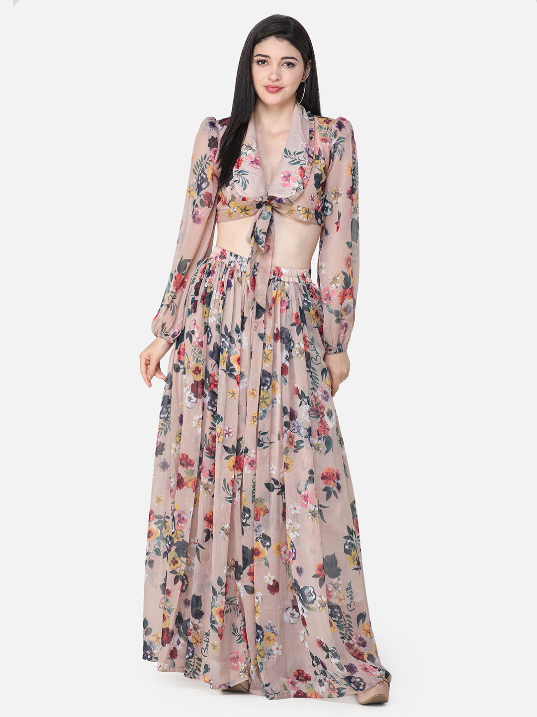 Beige Floral Maxi Flared Skirt