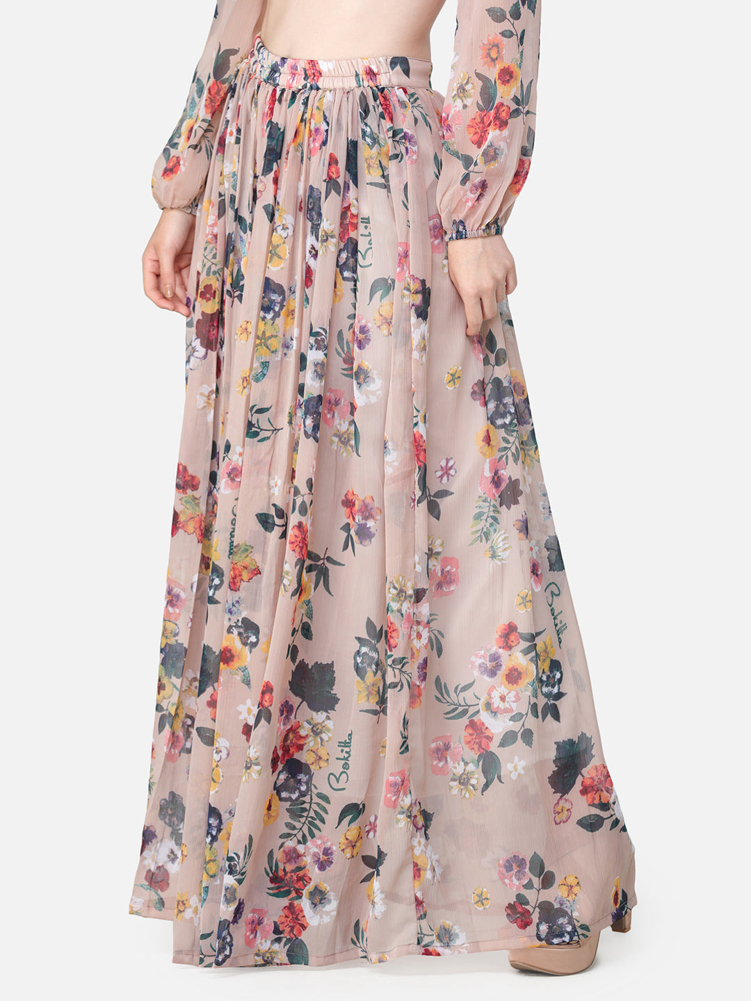 Beige Floral Maxi Flared Skirt