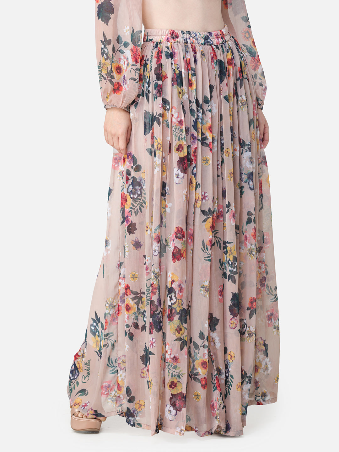 Beige Floral Maxi Flared Skirt