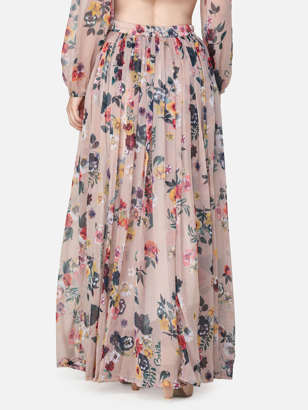 Beige Floral Maxi Flared Skirt