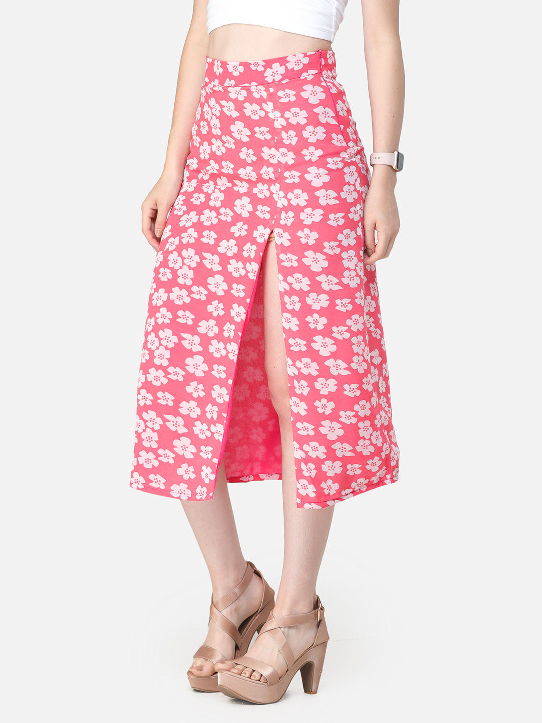 Scorpius Pink & Off-White Printed Straight Midi Skirt