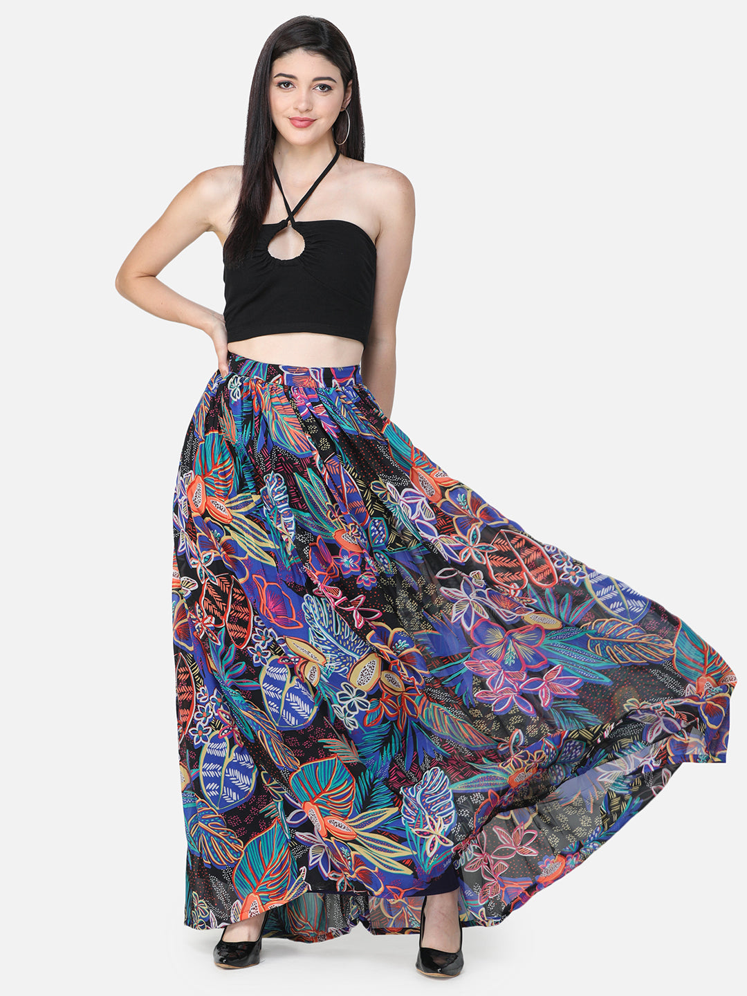 Multi Floral Maxi Flared Skirt