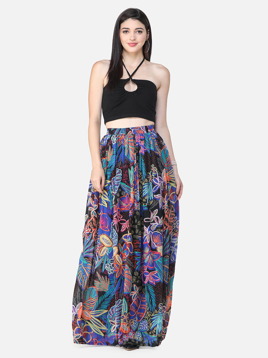 Multi Floral Maxi Flared Skirt