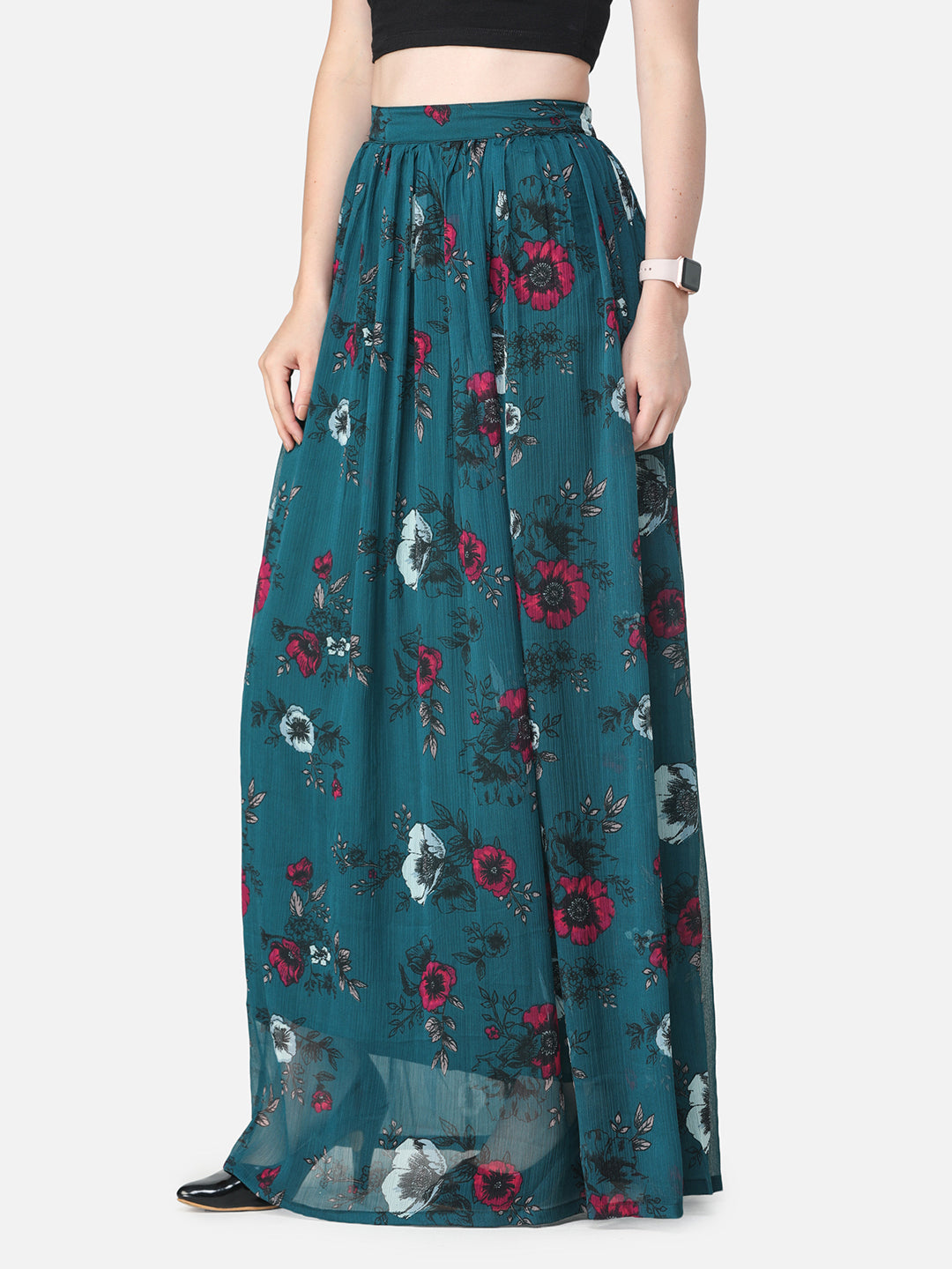 Green Floral Maxi Flared Skirt