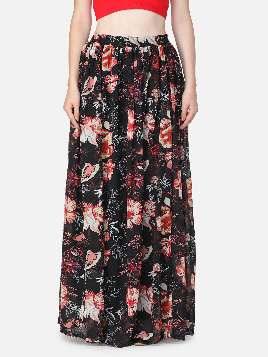 Black Floral Maxi Flared Skirt