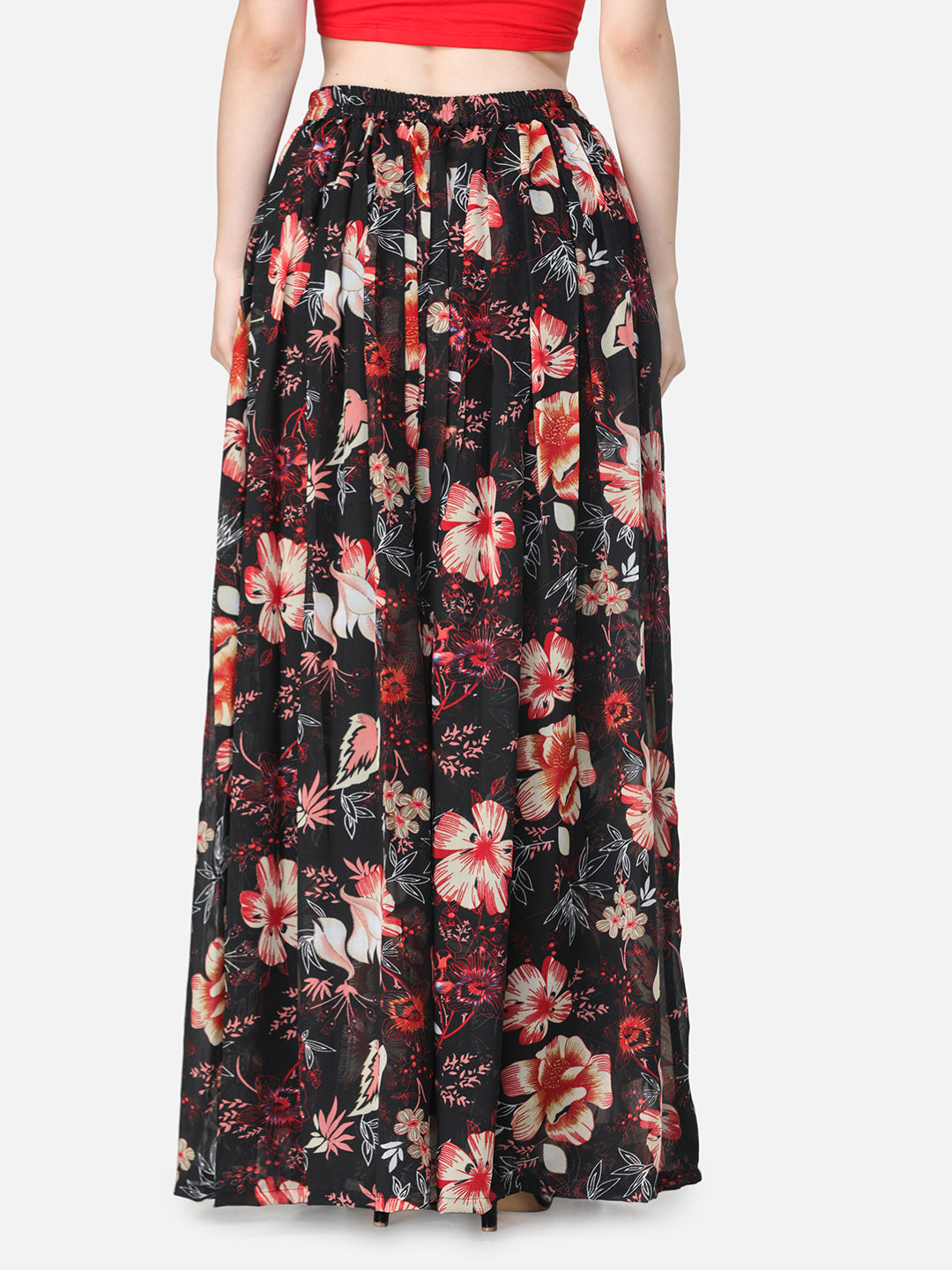 Black Floral Maxi Flared Skirt