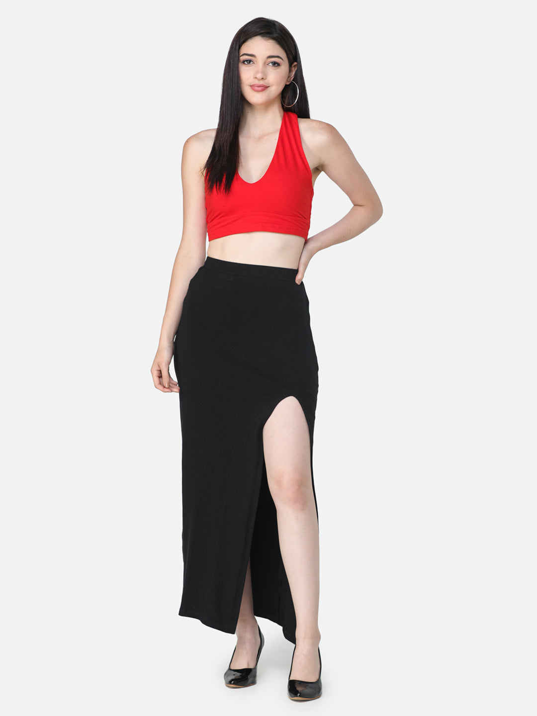 Black Solid Midi Straight Skirt