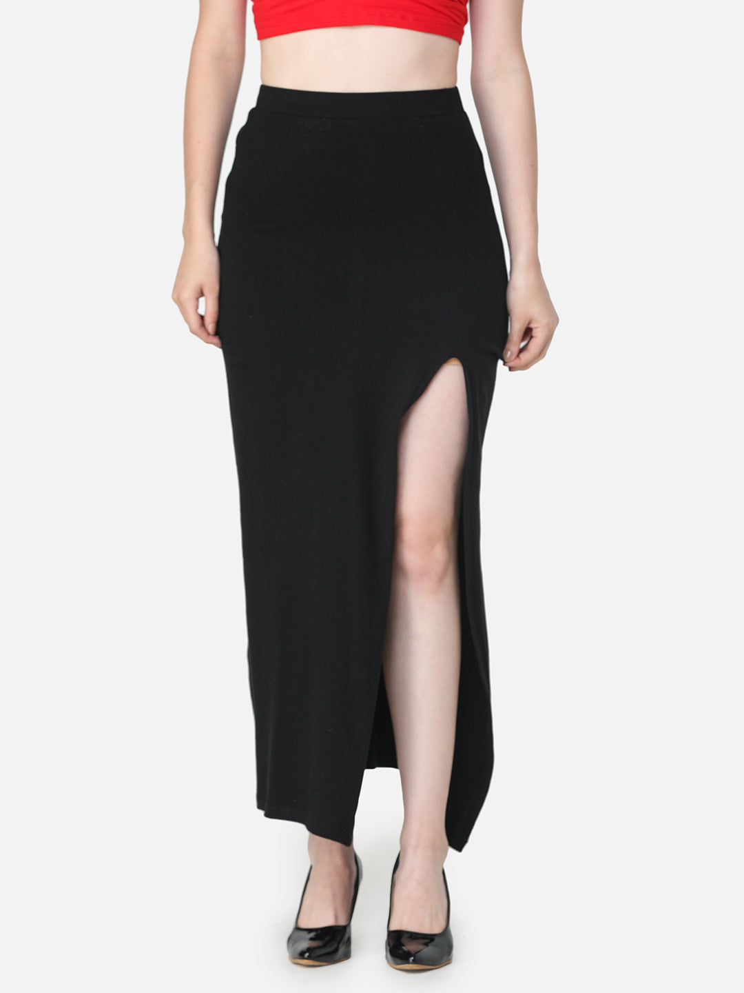 Black Solid Midi Straight Skirt