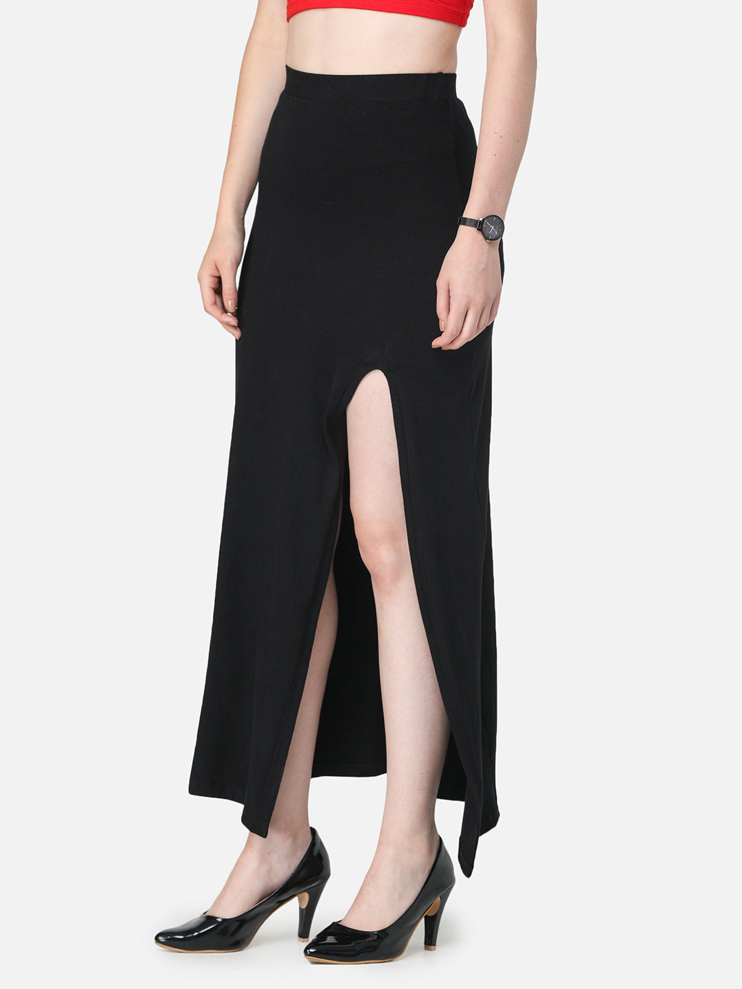 Black Solid Midi Straight Skirt