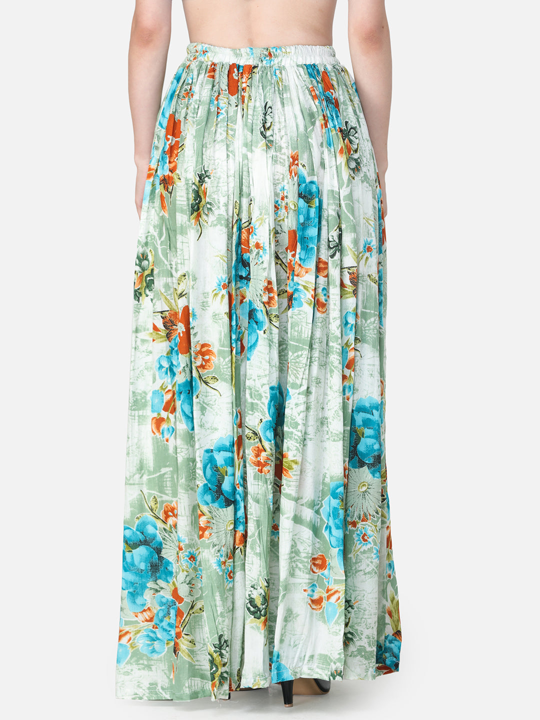Green Floral Maxi Flared Skirt