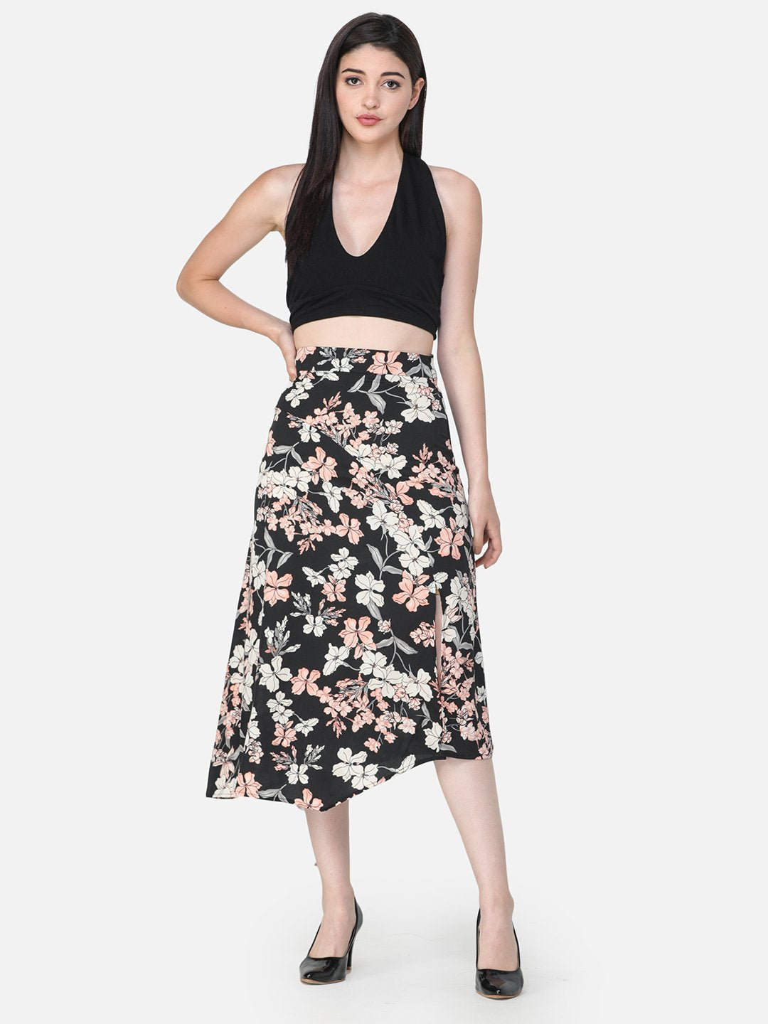 Black Floral Midi Skirt