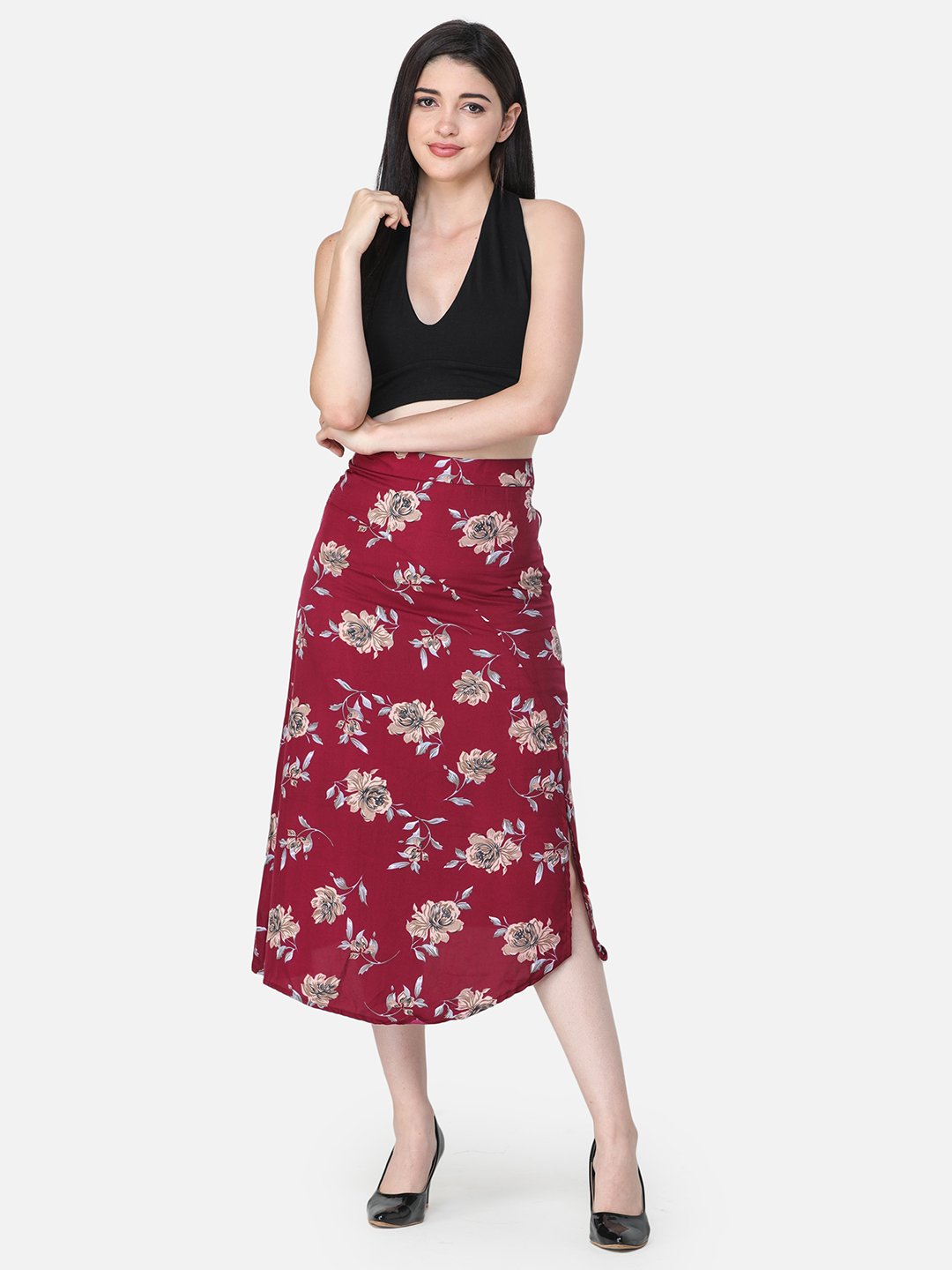 Maroon Floral Midi Skirt