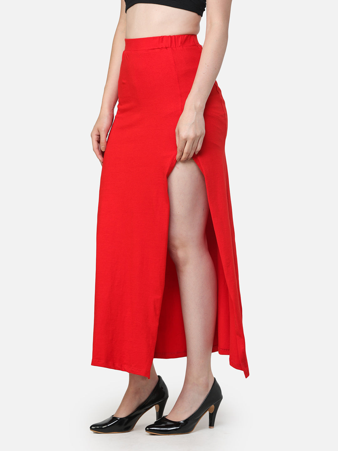 Red Solid Midi Straight Skirt