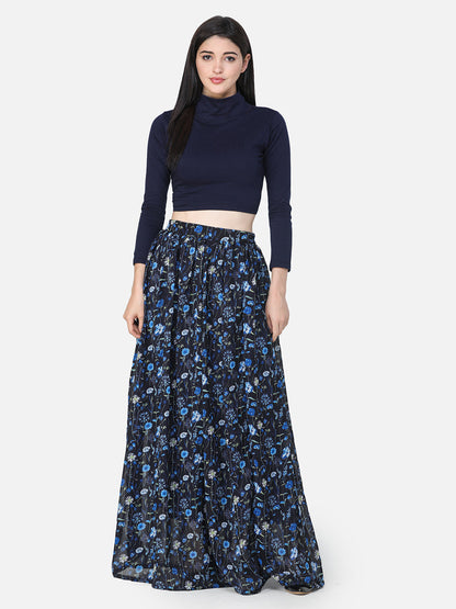 Navy Floral Maxi Flared Skirt