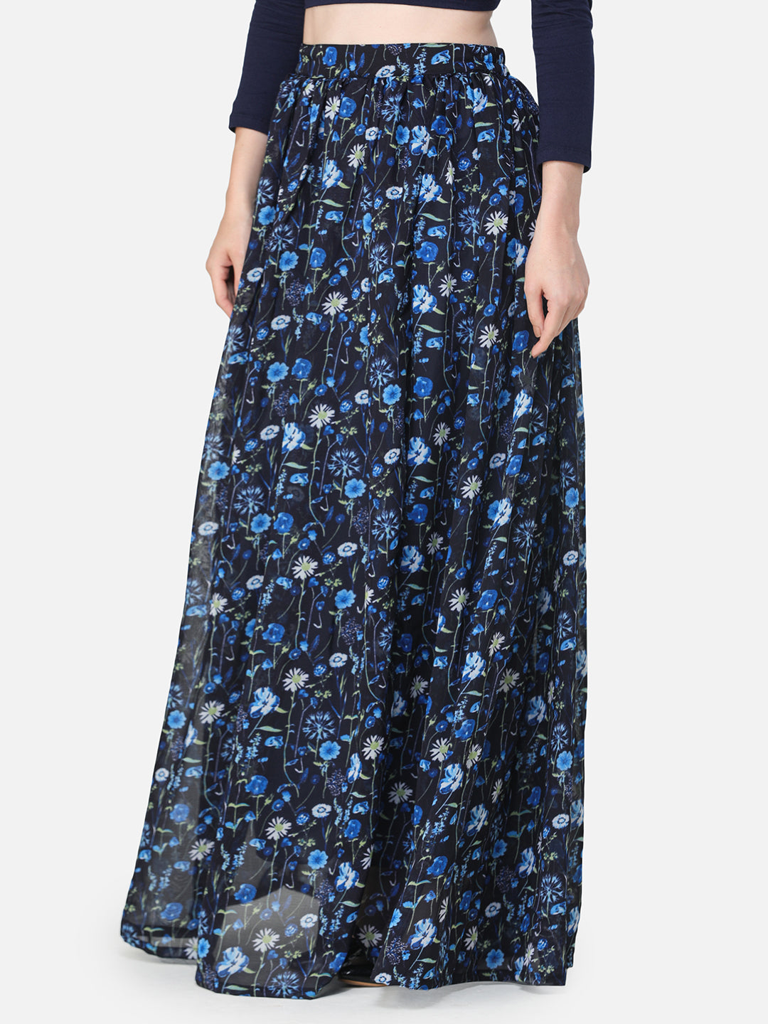 Navy Floral Maxi Flared Skirt