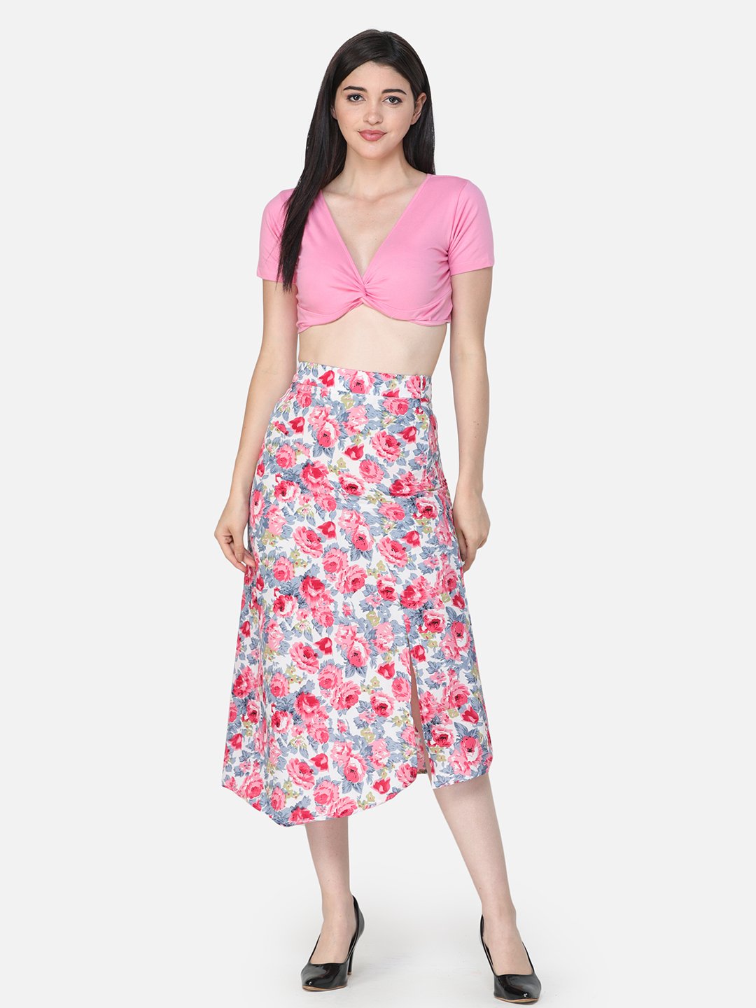 Pink Floral Midi Skirt