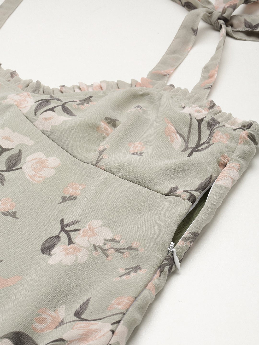 Gorgeous Green Grey Floral Waisted Dress